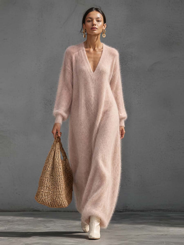 Sylvonde | Damen Maxi-Strickkleid mit V-Ausschnitt - Light Pink - Image 6