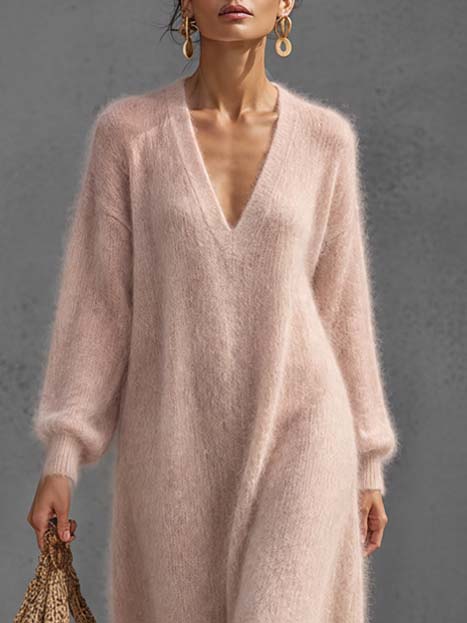 Sylvonde | Damen Maxi-Strickkleid mit V-Ausschnitt - Light Pink - Image 8