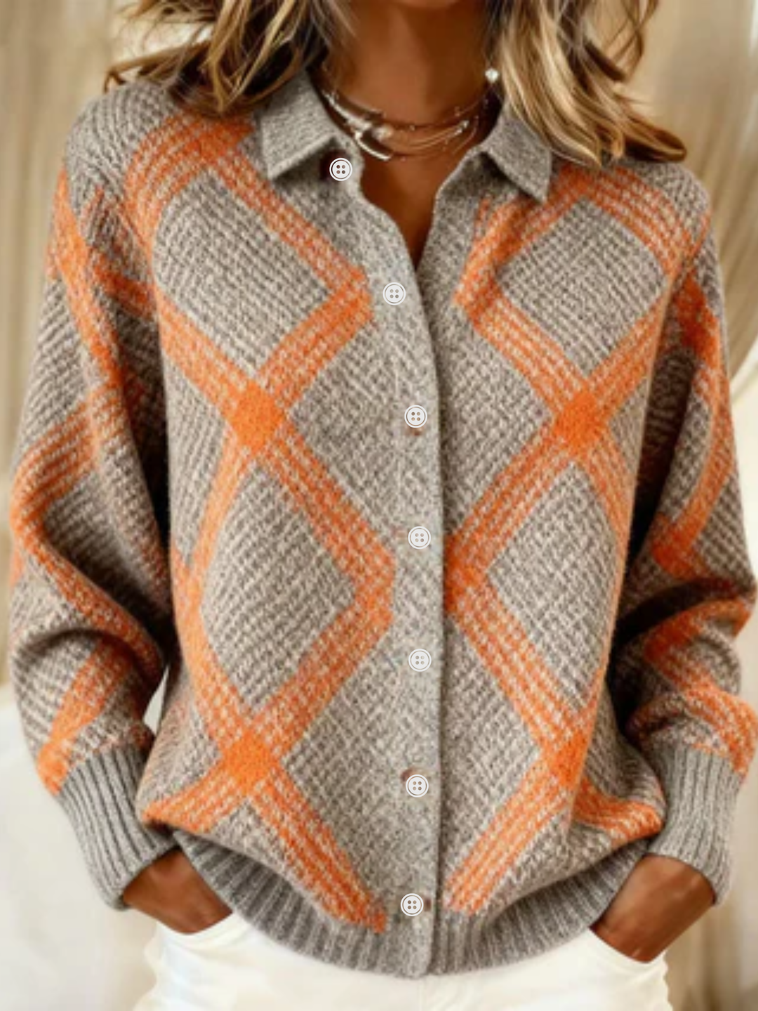 Sylvorna | Damen Strickjacke Argyle-Muster - Grey - Image 1