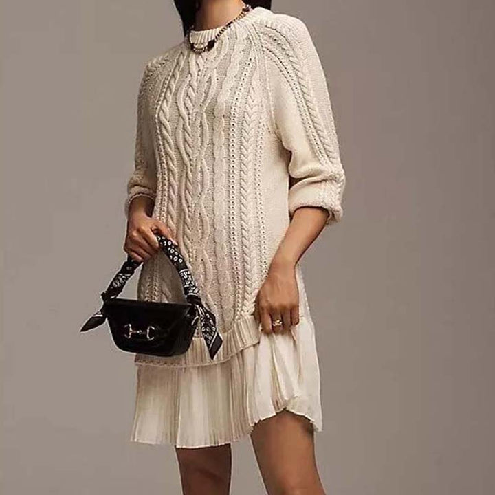 Thelvara | Damen Strickkleid Zopfmuster Faltenrock - Cream - Image 2