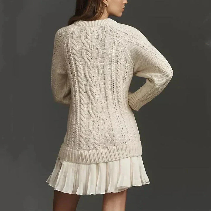 Thelvara | Damen Strickkleid Zopfmuster Faltenrock - Cream - Image 3