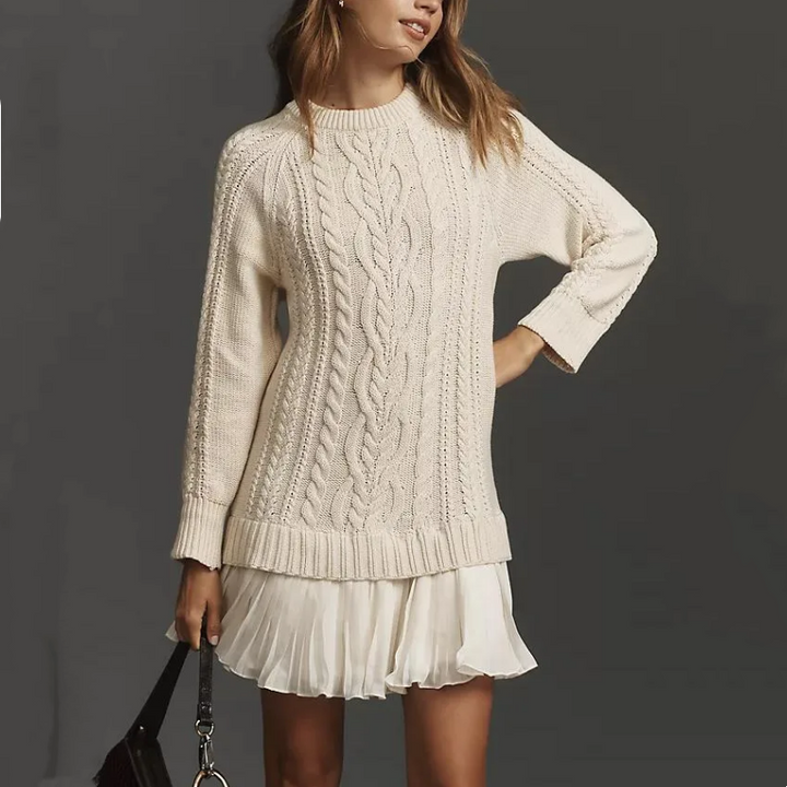 Thelvara | Damen Strickkleid Zopfmuster Faltenrock - Cream - Image 4