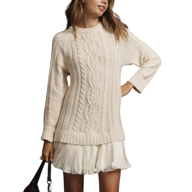 Thelvara | Damen Strickkleid Zopfmuster Faltenrock - Cream - Image 5