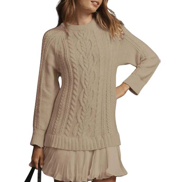 Thelvara | Damen Strickkleid Zopfmuster Faltenrock - Cream - Image 6