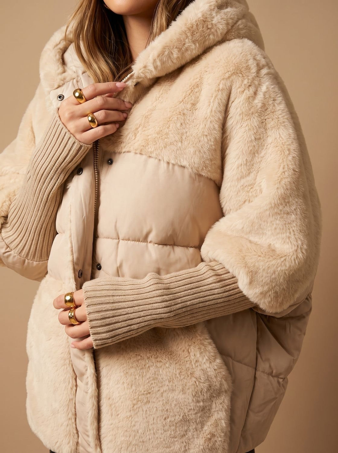 Thelvona | Damen Teddyjacke Winterjacke mit Kapuze - Camel - Image 2