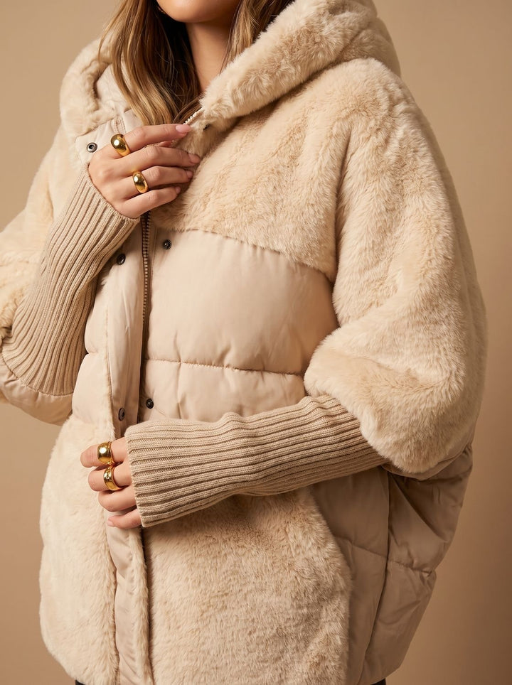 Thelvona | Damen Teddyjacke Winterjacke mit Kapuze - Camel - Image 2