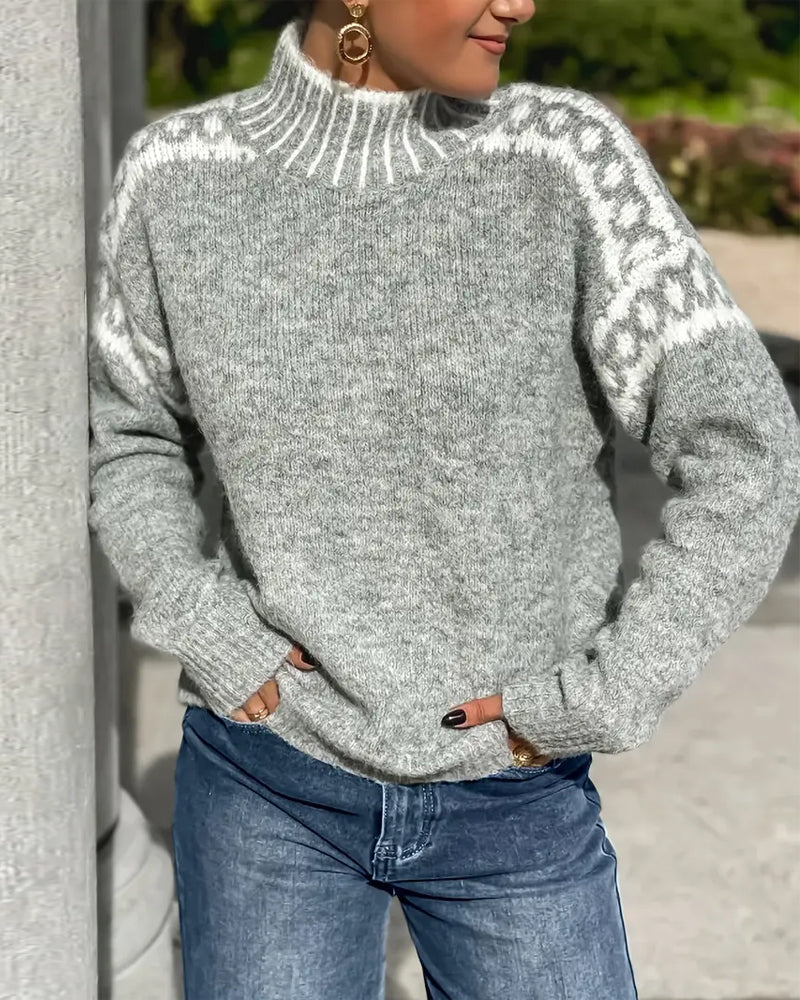 Thelvra | Damen Norweger Strickpullover mit Rollkragen - Light Grey - Image 1