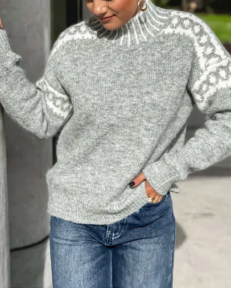 Thelvra | Damen Norweger Strickpullover mit Rollkragen - Light Grey - Image 3