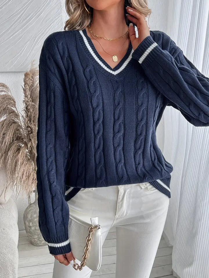 Thorduna | Damen Pullover Zopfmuster V-Ausschnitt - Navy - Image 4