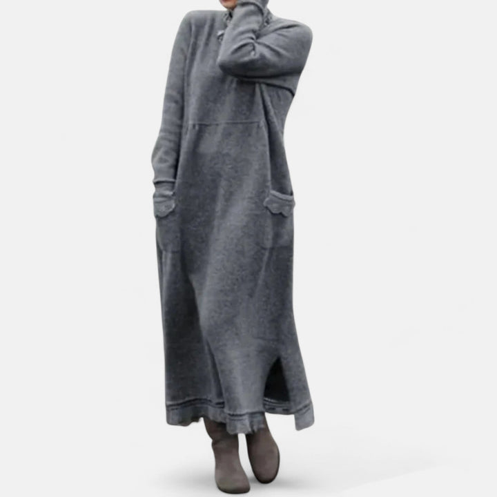 Thordvela | Damen Strickkleid Maxi mit Stehkragen - Grey - Image 1