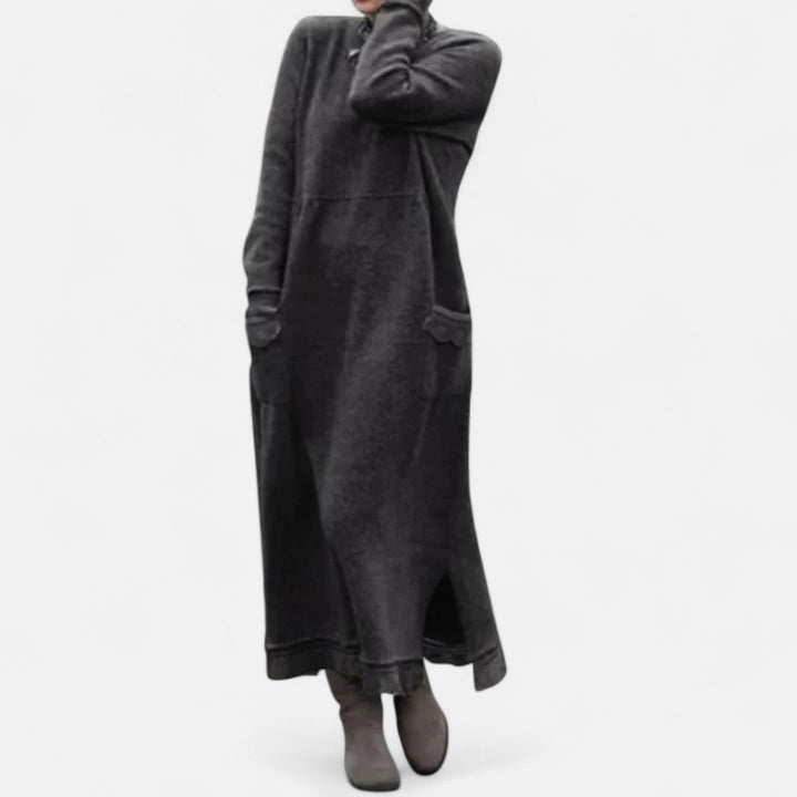 Thordvela | Damen Strickkleid Maxi mit Stehkragen - Grey - Image 2