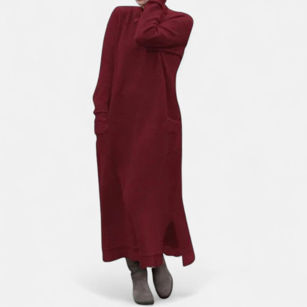 Thordvela | Damen Strickkleid Maxi mit Stehkragen - Grey - Image 4