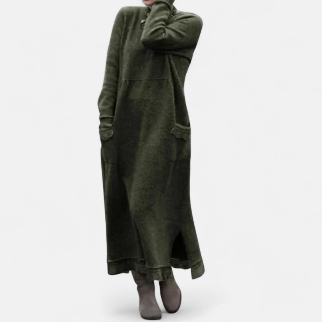 Thordvela | Damen Strickkleid Maxi mit Stehkragen - Grey - Image 5