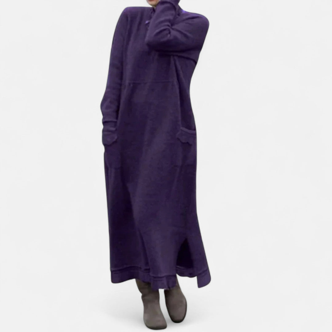 Thordvela | Damen Strickkleid Maxi mit Stehkragen - Grey - Image 6