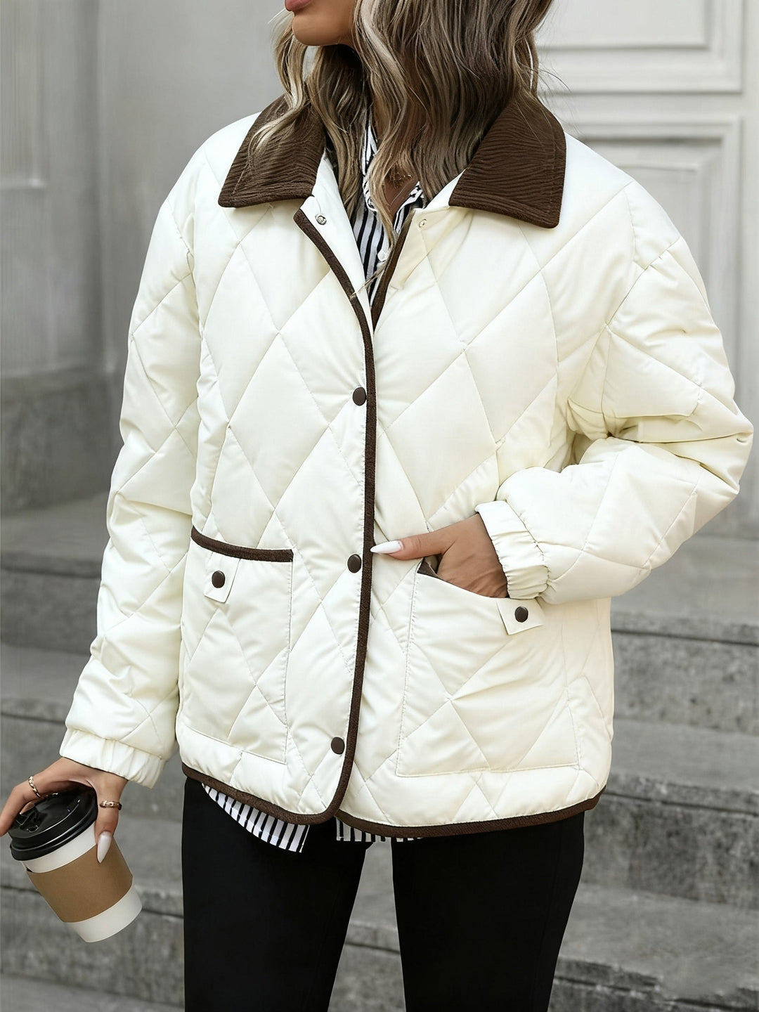 Tilda | Damen Gesteppte Winterjacke Rautenmuster - Dark Brown - Image 7