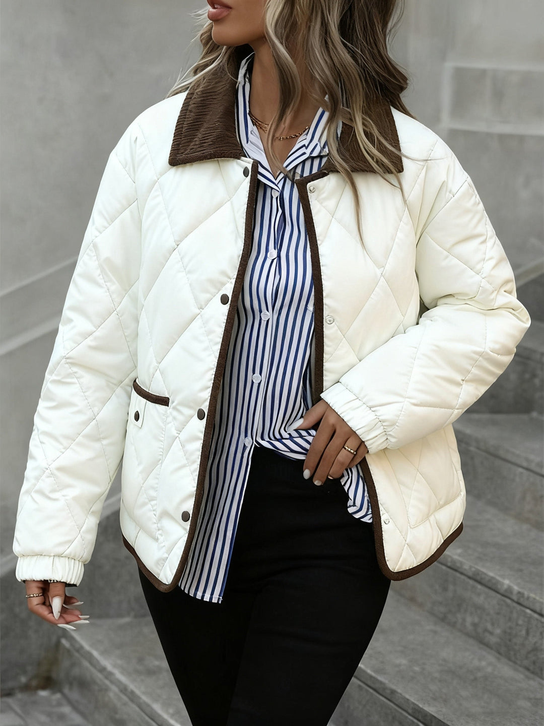 Tilda | Damen Gesteppte Winterjacke Rautenmuster - Dark Brown - Image 9
