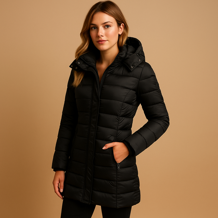 Valdine | Damen Winterjacke Langer Steppmantel mit Kapuze - Black - Image 1