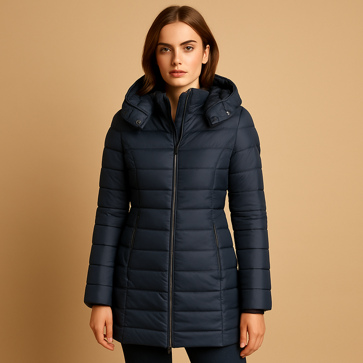 Valdine | Damen Winterjacke Langer Steppmantel mit Kapuze - Black - Image 4