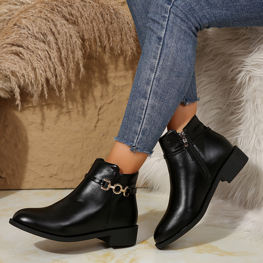 Valdris | Damen Stiefeletten Schwarz Goldkette Blockabsatz - Black - Image 3