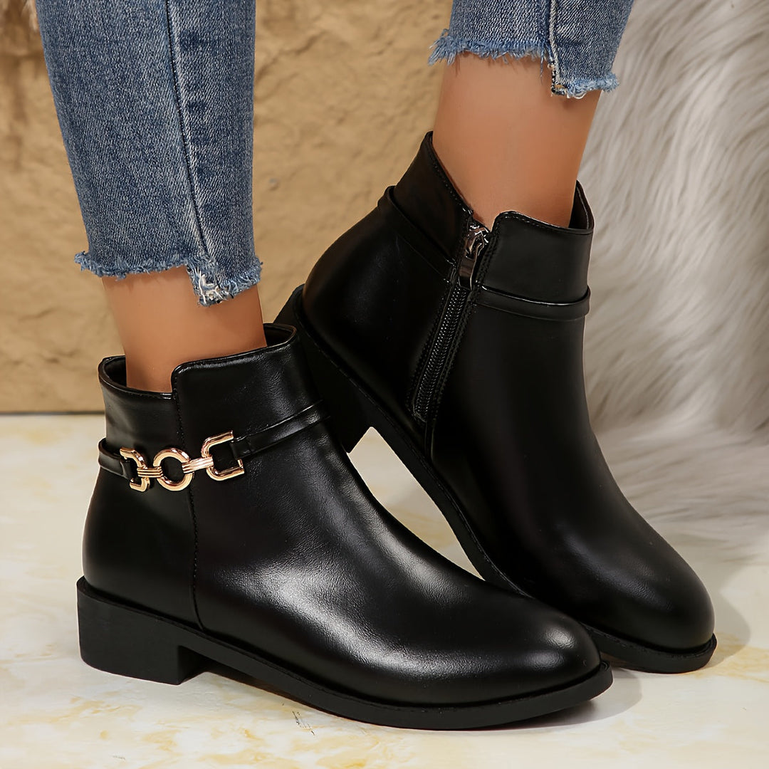 Valdris | Damen Stiefeletten Schwarz Goldkette Blockabsatz - Black - Image 4