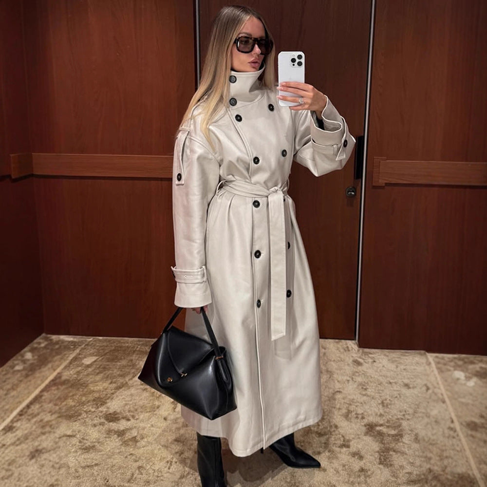 Valdrun | Damen Wintermantel Lederoptik Doppelreihig - Cream - Image 1