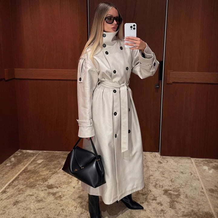 Valdrun | Damen Wintermantel Lederoptik Doppelreihig - Cream - Image 1