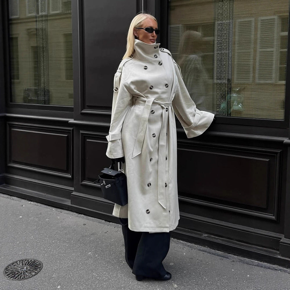 Valdrun | Damen Wintermantel Lederoptik Doppelreihig - Cream - Image 3