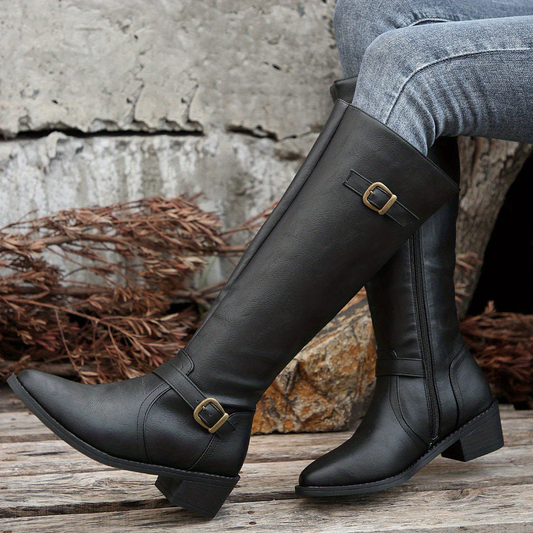 Veldana | Damen Kniehohe Stiefel Reitstiefel - Black - Image 1