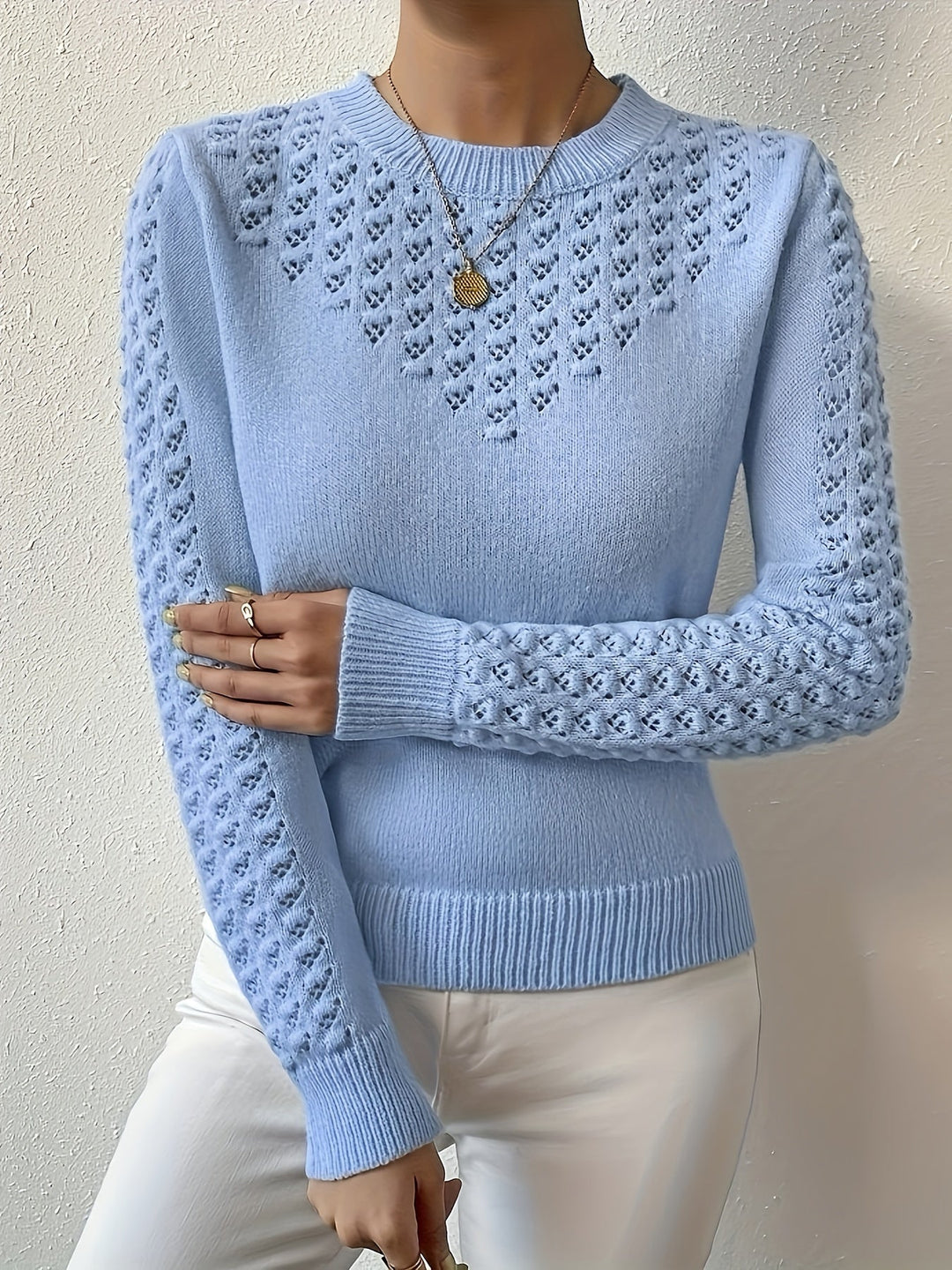 Veldis | Damen Ajour-Pullover Langarm Strickpullover - Light Blue - Image 2