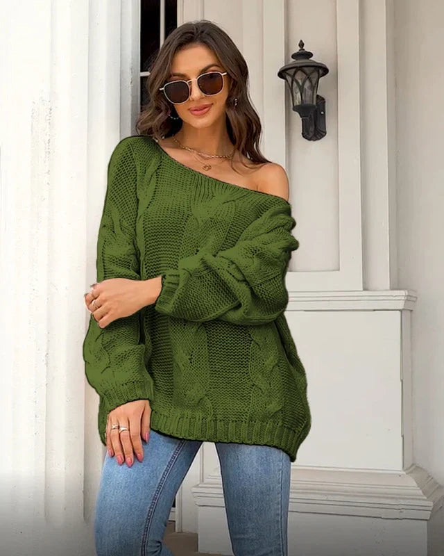 Veldmay | Damen Strickpullover Zopfmuster Off-Shoulder - Cream - Image 3