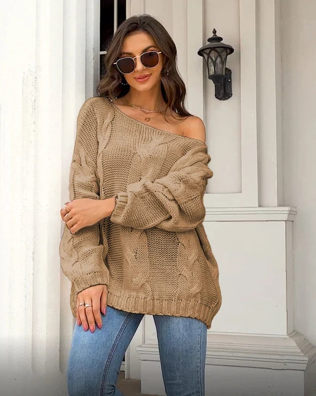 Veldmay | Damen Strickpullover Zopfmuster Off-Shoulder - Cream - Image 4