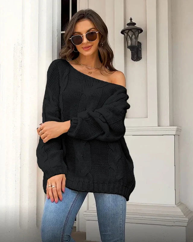 Veldmay | Damen Strickpullover Zopfmuster Off-Shoulder - Cream - Image 6