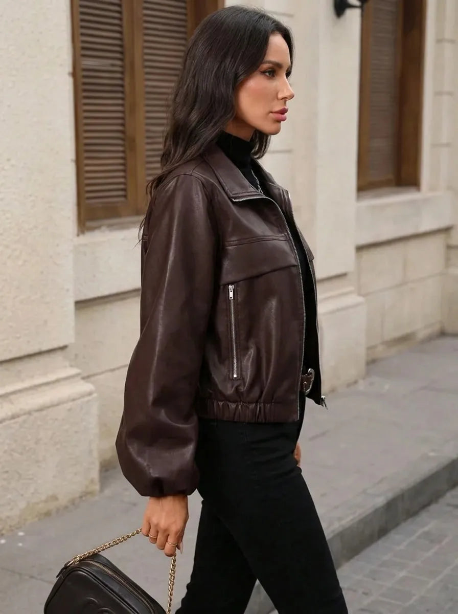 Veldorne | Damen Kunstleder-Bomberjacke Cropped - Dark Brown - Image 2