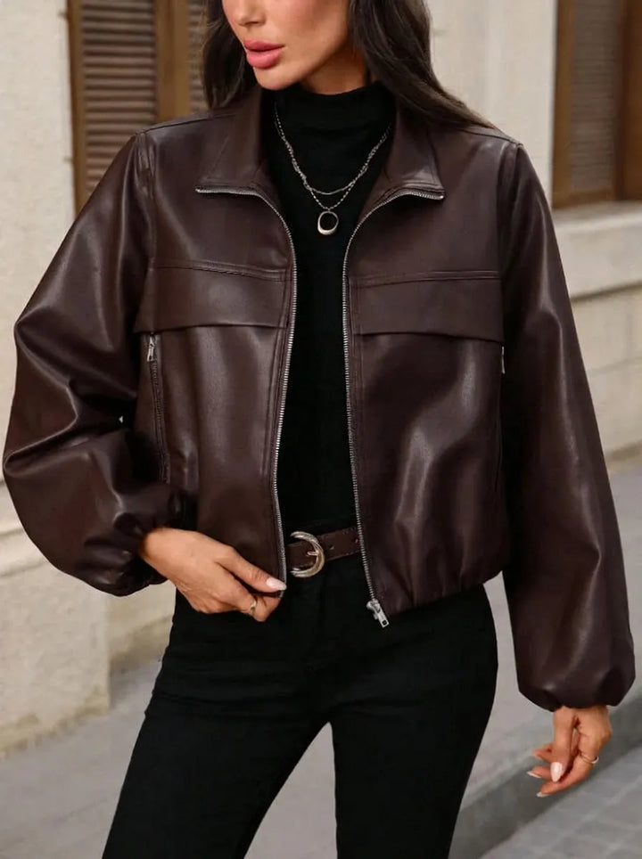Veldorne | Damen Kunstleder-Bomberjacke Cropped - Dark Brown - Image 4