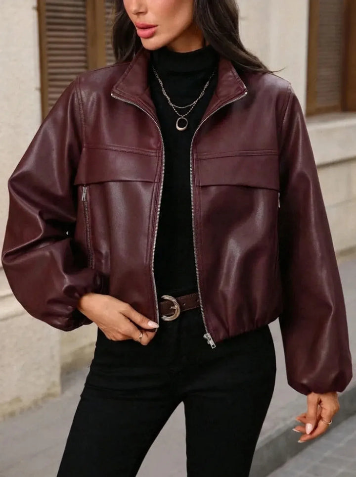 Veldorne | Damen Kunstleder-Bomberjacke Cropped - Dark Brown - Image 6