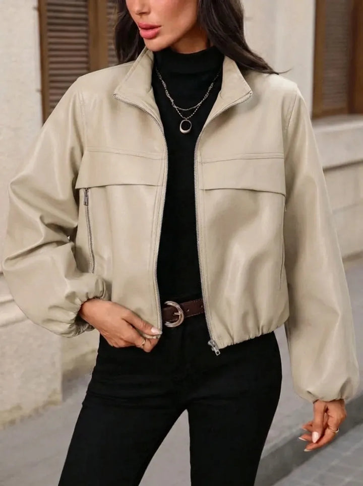 Veldorne | Damen Kunstleder-Bomberjacke Cropped - Dark Brown - Image 7