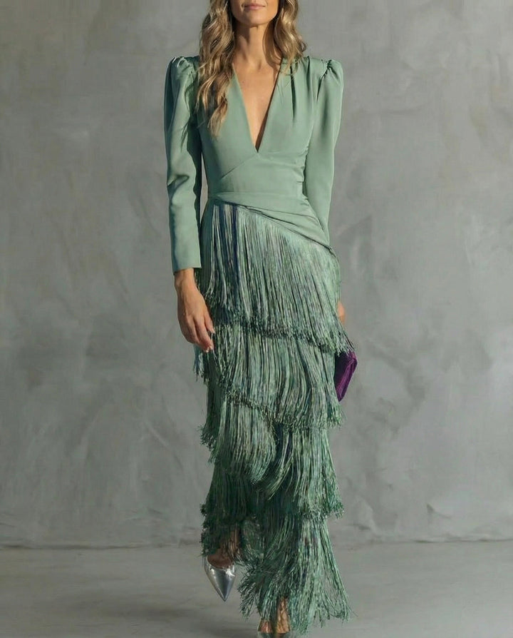 Veldris | Damen Festliches Kleid Fransen Maxi - Sage - Image 1