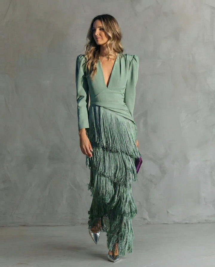 Veldris | Damen Festliches Kleid Fransen Maxi - Sage - Image 2
