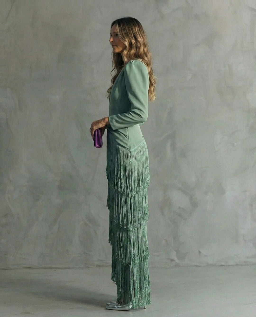 Veldris | Damen Festliches Kleid Fransen Maxi - Sage - Image 3