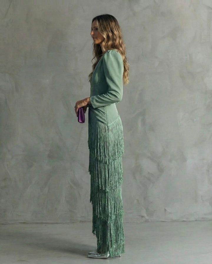 Veldris | Damen Festliches Kleid Fransen Maxi - Sage - Image 3