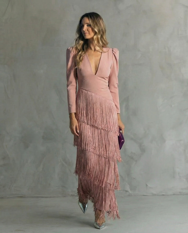 Veldris | Damen Festliches Kleid Fransen Maxi - Sage - Image 6