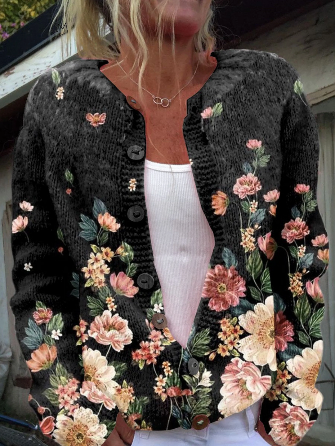 Veldris | Damen Strickjacke mit Blumenmuster - Black - Image 1