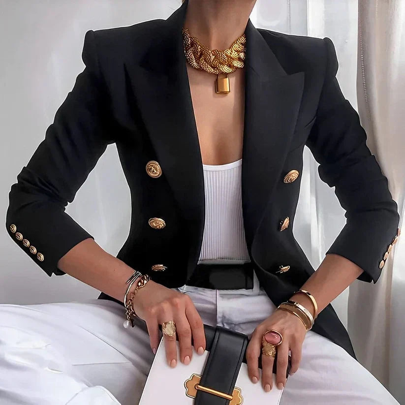 Veldrun | Damen Blazer Zweireihig Goldknöpfe Tailliert - Black - Image 1
