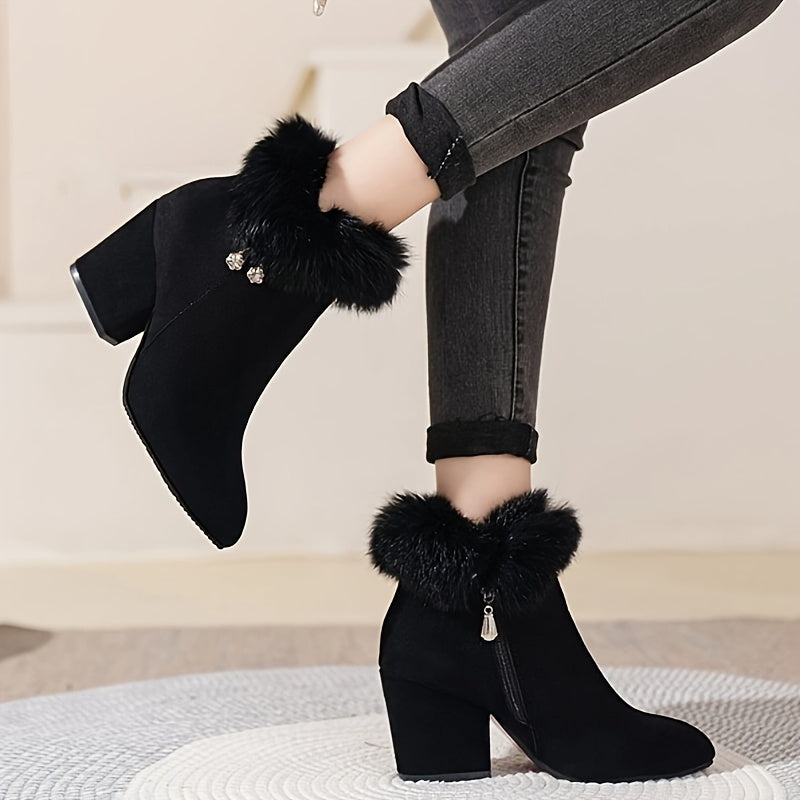 Veldrun | Damen Stiefeletten mit Fellborte und Blockabsatz - Black - Image 4