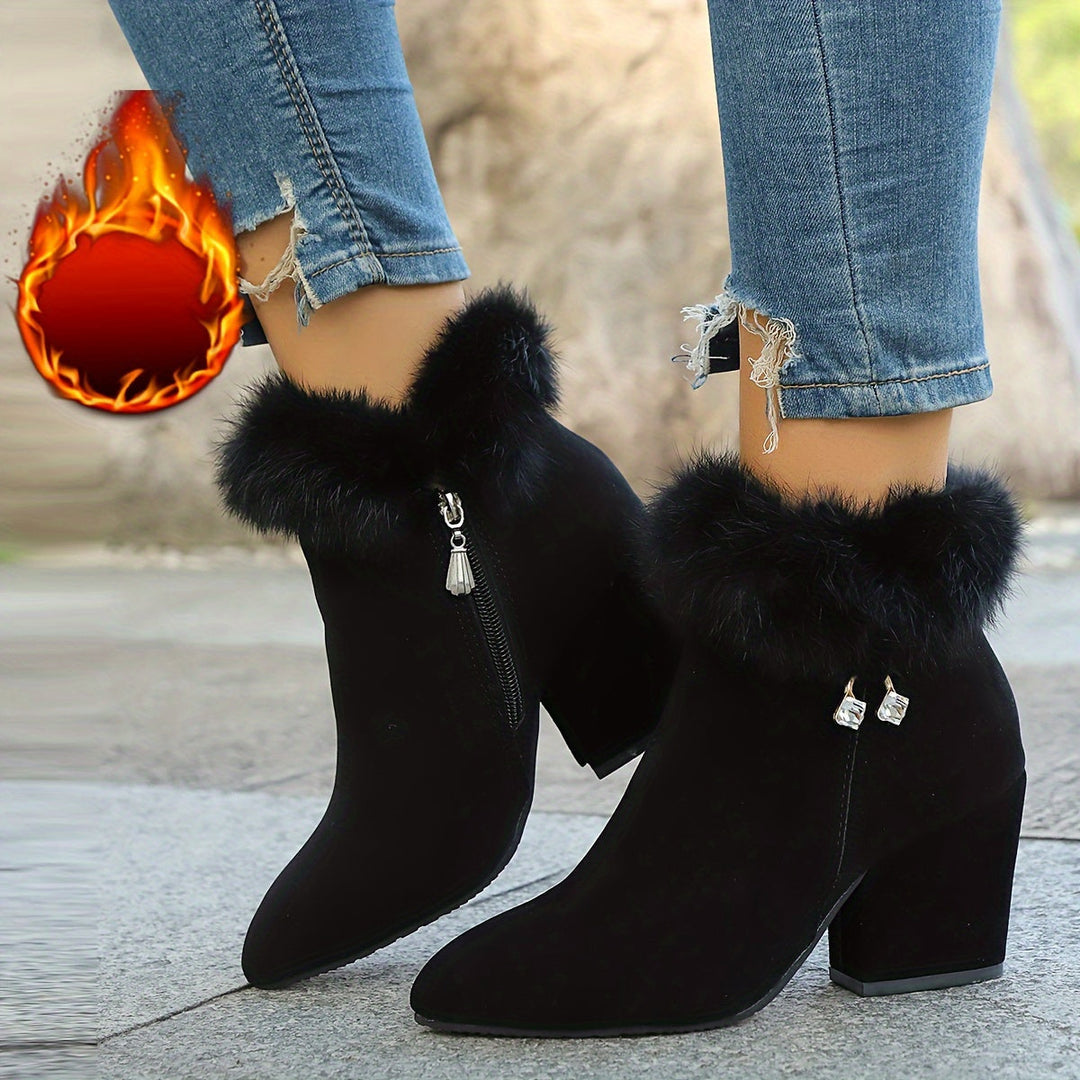 Veldrun | Damen Stiefeletten mit Fellborte und Blockabsatz - Black - Image 8