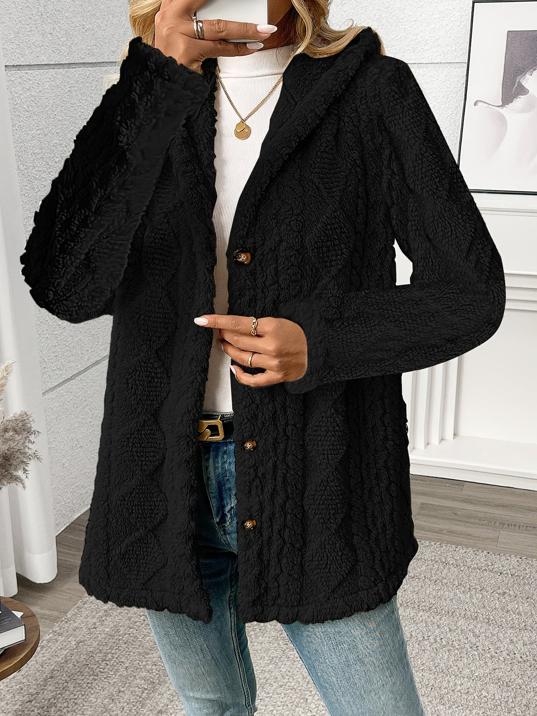Veldrun | Damen Teddyjacke mit Kapuze - Black - Image 3