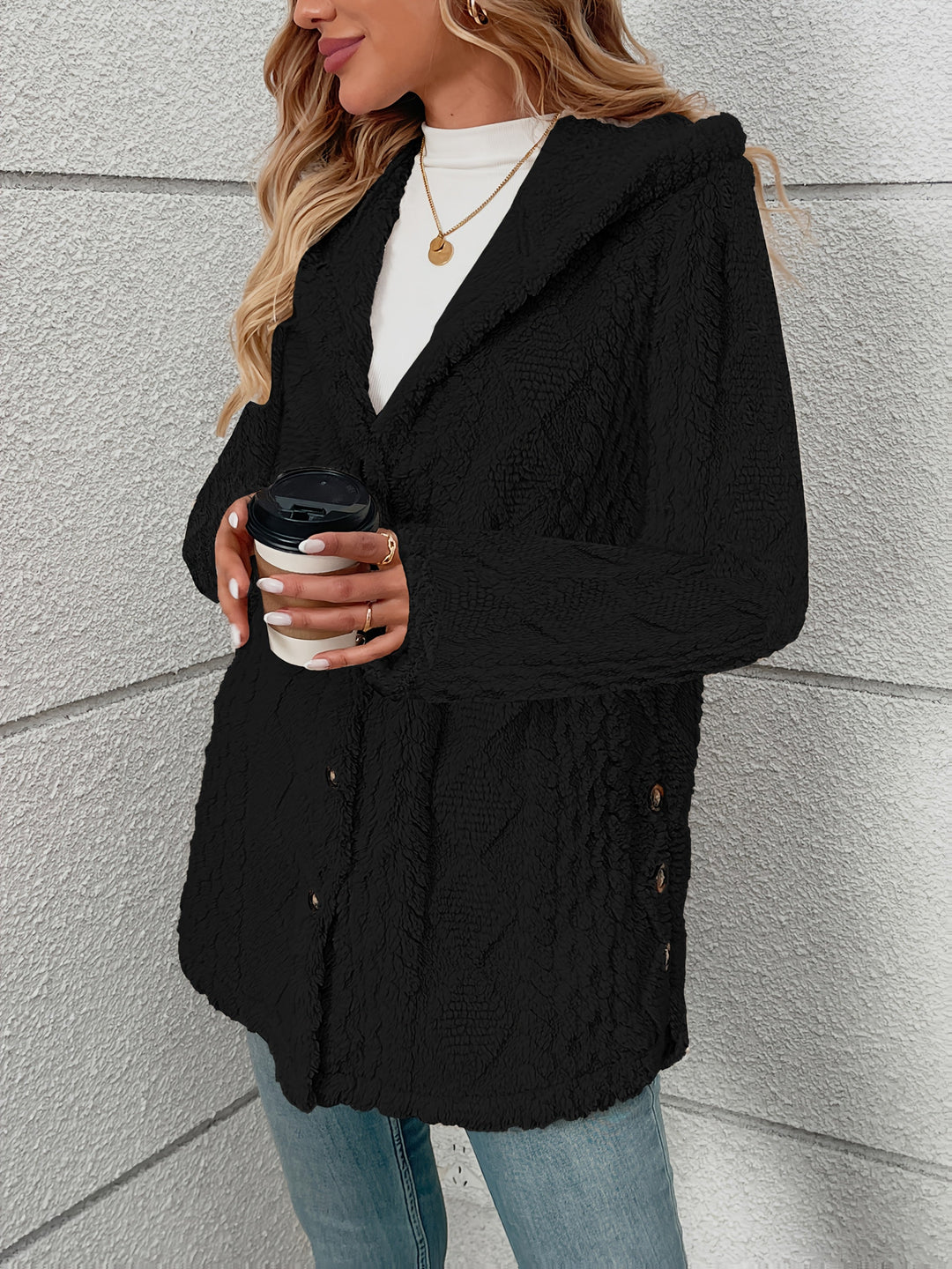 Veldrun | Damen Teddyjacke mit Kapuze - Black - Image 5