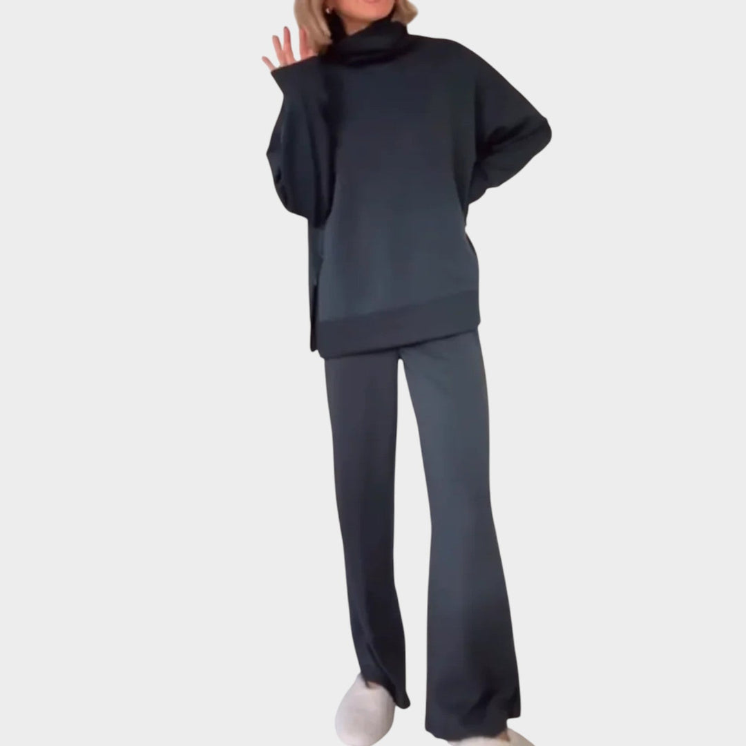 Velmara | Damen Rollkragen Pullover Set Weite Hose - Dark Grey - Image 1