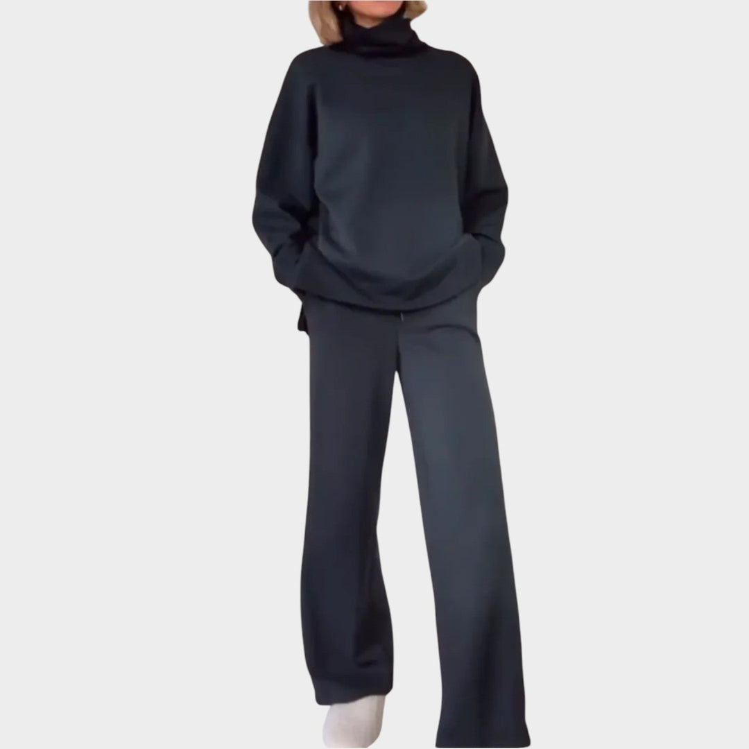Velmara | Damen Rollkragen Pullover Set Weite Hose - Dark Grey - Image 2