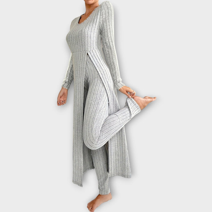 Velmira | Damen Rippenstrick-Set Longline Cardigan &amp; Hose - Light Grey - Image 1